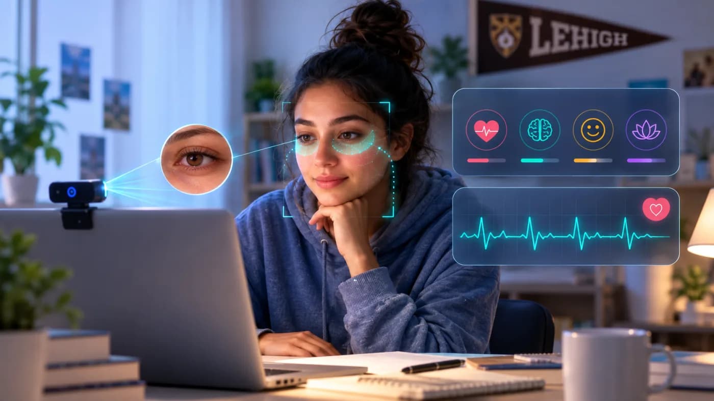 Student at a laptop while Re-well reads wellness signals from a webcam