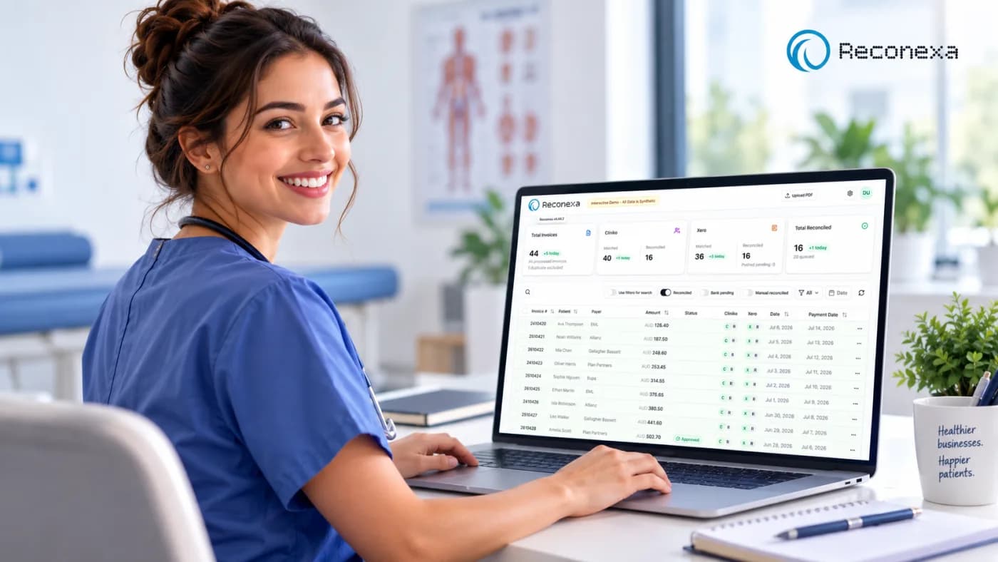 Clinician using the Reconexa insurance reconciliation dashboard on a laptop